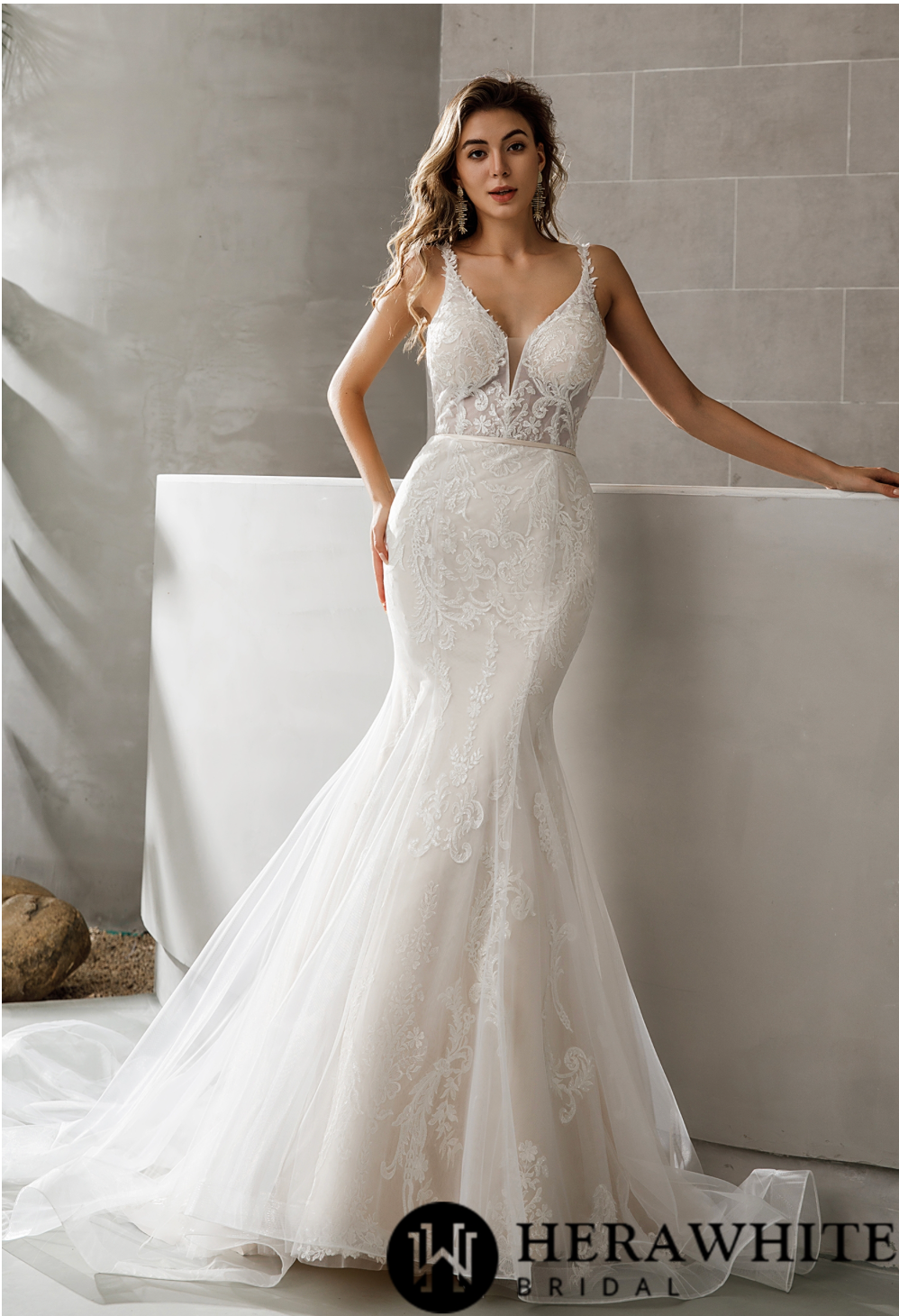 Geometric Lace Fit and Flare Bridal Gown With Sheer Train - Nolita Nicole
