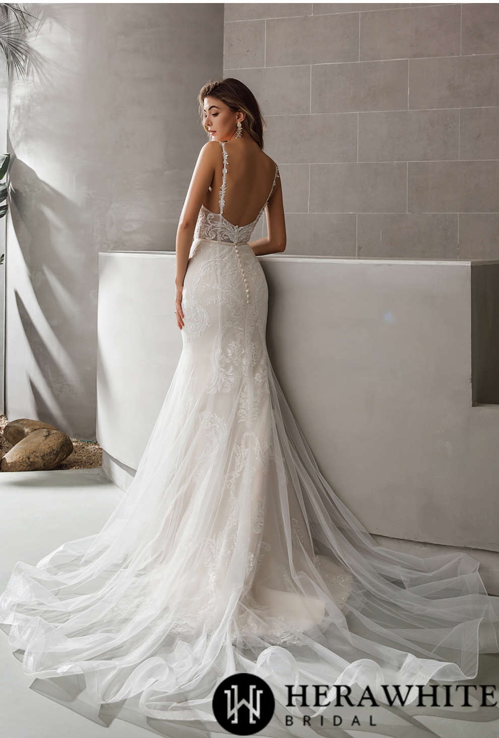 Geometric Lace Fit and Flare Bridal Gown With Sheer Train - Nolita Nicole